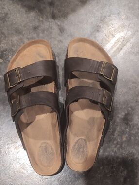 Mens Double-Strap Brown Leather Slide Sandals